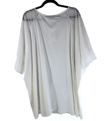 Bloomchic Womens Plain Geometric Mesh Raglan Sleeve Ruffle Trim T-Shirt Ivory 30