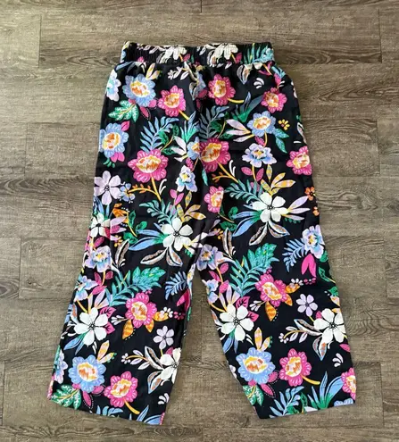 C&C California Pants Women Size L Black Colorful Floral 100% Linen Wide Leg Crop