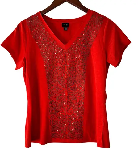 Rafaella Petite Red Sequin Embellished V-Neck Top Blouse Petite Small