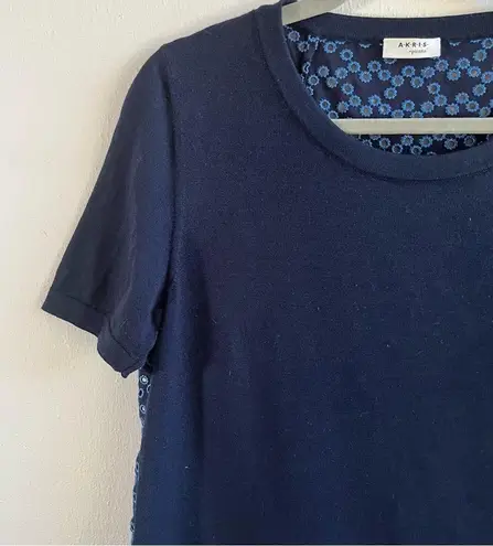 Akris Punto Blouse Navy Blue Knit Front & Eyelet Back Peplum Top Sz US 10 EUC