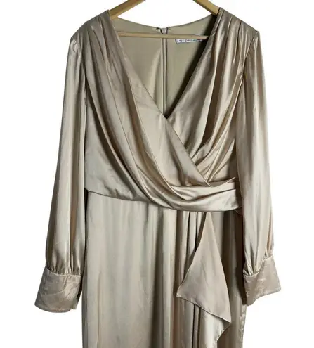 Mac Duggal Champagne Gold Long Sleeve Faux Wrap Slit Satin Evening Gown Size 12