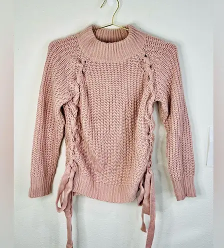 Sweet Rain Women’s Chunky Knit Sweater Side Lace-Up Details Blush Pink Medium