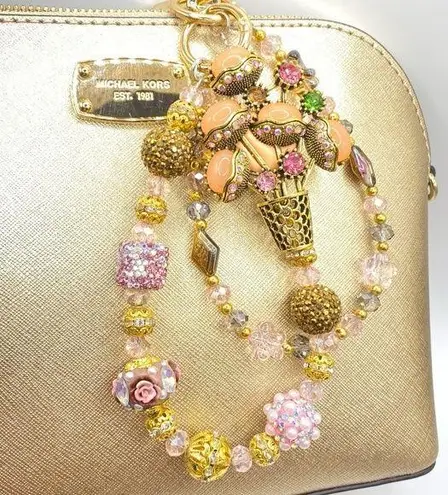 Handmade 💐Luxury Bag/Phone Chain Charm/Keychain Orange FLOWER BASKET Bling Crystal Beads