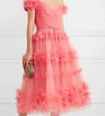 Marchesa Notte Off Shoulder Tulle 3D Floral Midi Gown Dress Size 0 Pink Tiered
