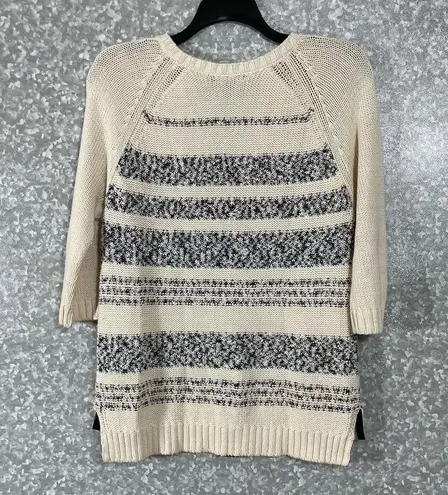 Trouve Ivory Striped Faux Leather Trim Zip Up Cardigan