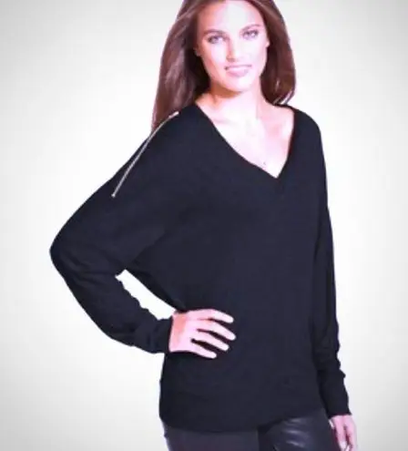 Rachel Roy Black V-Neck Top: Dolman/Gold Zippers