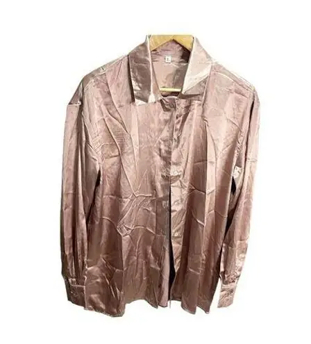 Womens Pink Satin Collared Button Up Blouse Dress Shirt Business Office L Size L