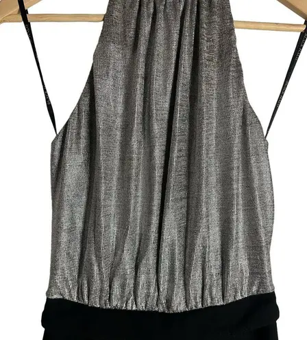 Black Halo Genesis Black Silver Wide Leg Halter Cocktail Jumpsuit Size 2