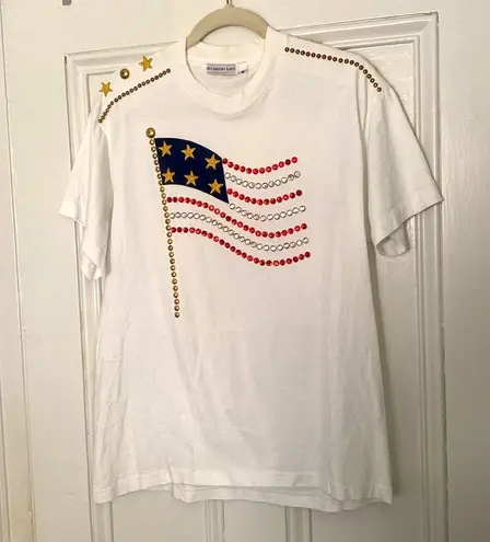 VINTAGE 90s Bedazzled American Flag Tee Sz Medium Oversized Studs Sequins Glam Blue