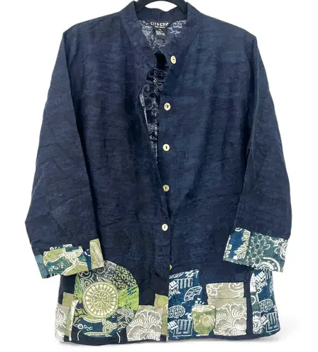 CITRON Santa Monica XL patchwork kimono jacket Blazer Top Silk Button Up Down Blue