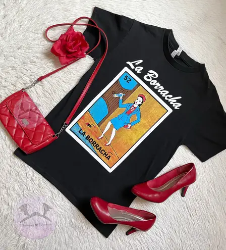 Mexican bingo loteria la borracha drunk lady novelty short sleeve tee Black