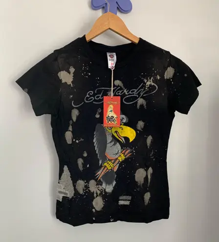 Ed Hardy Medium NEW Vulture Parrot Baby Tee Black Grey Splattered Deadstock