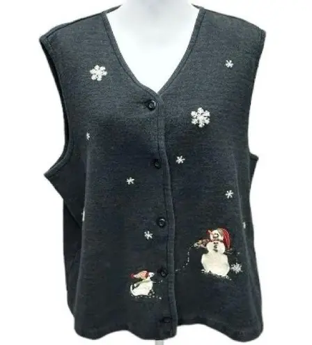 Woolrich Gray Wool Appliqué Snowman Dog Button Up Blend Sweater Vest Size XL