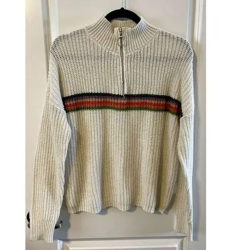 Be cool Mock Neck Womens Cream Rainbow Stripe Oversized Knit Sweater M Zip up