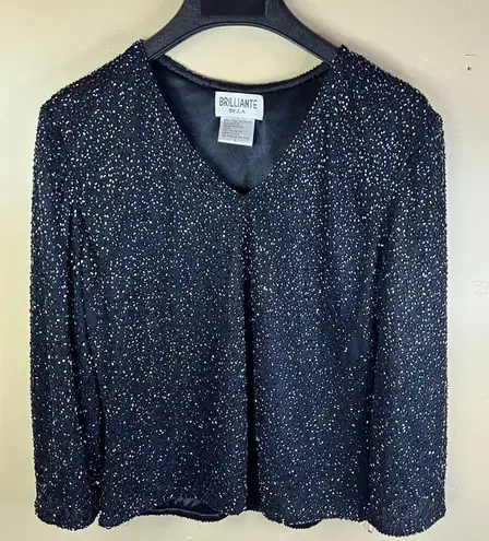 Brillante by JA Womens Size Large Black Beaded Vneck Blouse Formal Cocktail