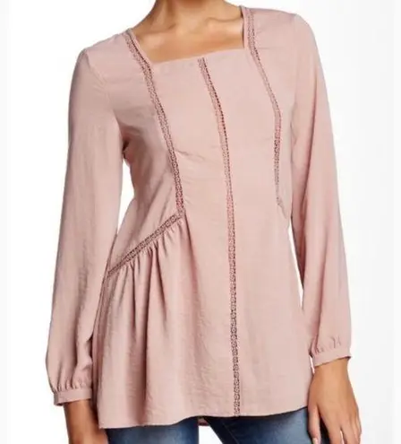 Ro & De 5/$20  Mauve Pink Long Bishop Sleeve Embroidered Inset Blouse Top Size XS