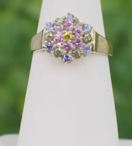 Solid 14K Yellow Gold Pink Green Yellow Blue Pastel Sapphire Ring sz 8.25