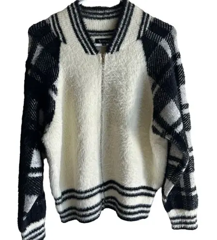 77 Sisters Tartan Plaid Black & Cream Fuzzy Bomber Sweater Jacket Zip Up Small White