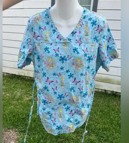 Disney  Light Blue Tinkerbell Scrub Top with Floral Accents
