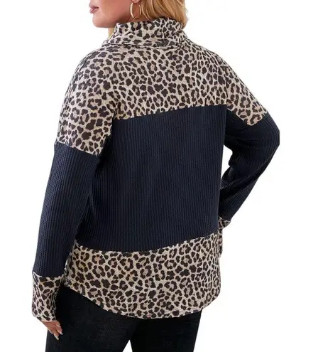 BLACK BROWN LEOPARD PRINT COLOR BLOCK COWL NECK SWEATER SIZE 1X