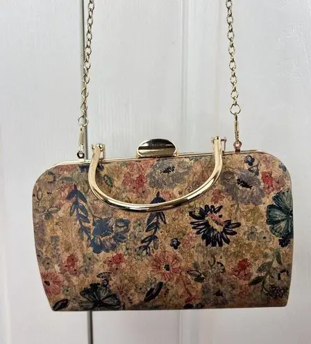 Alesia Bianchi Floral Cork Clutch/ Crossbody Purse With Gold Chain & Gold Handle