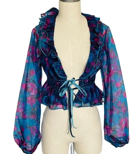 Dee Elly Vici Blue Purple Floral Tie Front Peplum Top