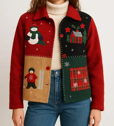 Vintage TAKE TWO Wool Christmas Patchwork Jacket – Snowman Ski Appliqué – Size M Red Size M