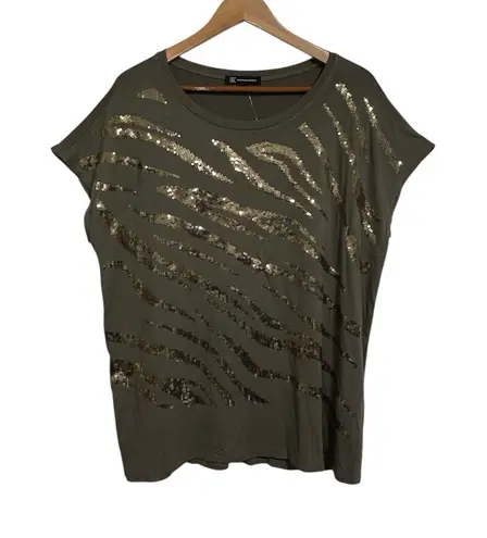 NWT INC International Concepts Olive Drab Sequin Zebra Print T Shirt XL Party Green