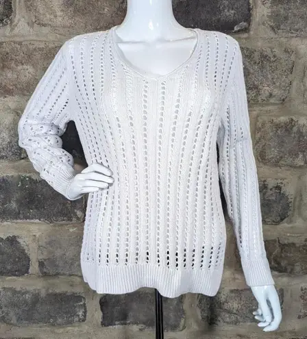 Jeanne pierre Women's Jeanne Pierre White Eyelet Open Knit Sweater Size Large Long Sleeve