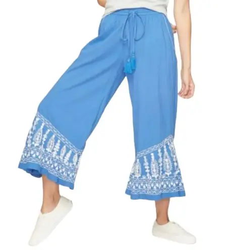 Roller Rabbit Blue Embroidered Trim Cropped Flowy Pants Size XS