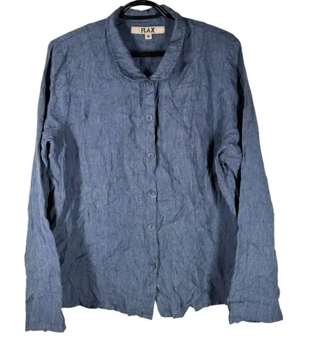 Flax Womens Blue Linen Button Up Top Sz M Beachy Coastal Breathable Lightweight
