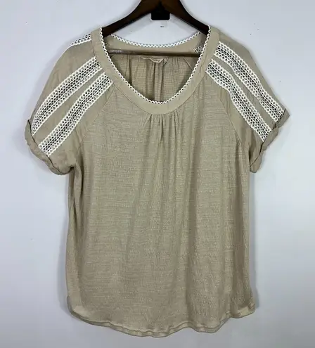 Soft Surroundings Top Womens 1X Beige Crochet Short Sleeve Cottage Granola Boho