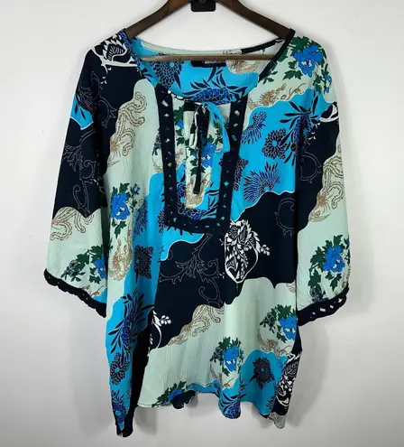 Denim 24/7 Peasant Blouse Women 3X Tie Neck Boho Floral Patchwork Cottage Artsy Blue