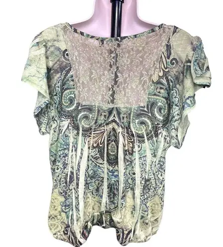 Womens Top Embroidered Bib Lace Back Tie Die Blouse u Green Size XL Boho Shirt E Yellow