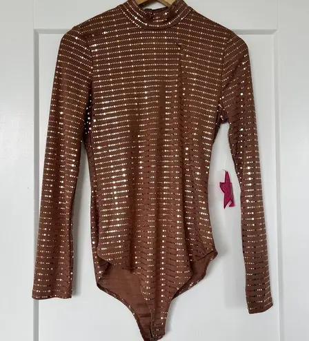 Iris NWT  Knit Sequin Long Sleeve Mock Neck Bodysuit Mocha Heat Womens Size Large