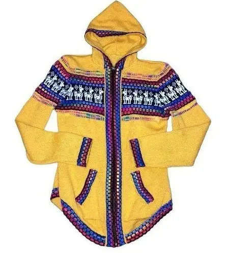 Vtg Y2K Handmade Sz Small Full Zip Hooded Mexican Poncho Boho Sweater Multicolor Yellow