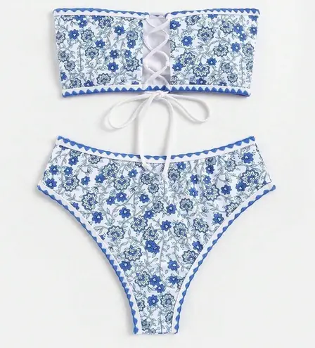 WDIRARA Women's Floral Print Strapless Lace Up Blue