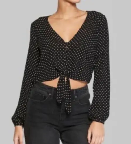 Wild Fable  polka dot button up tie front crop top