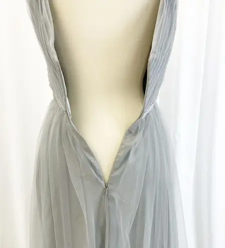 Monique Lhuillier  Bridesmaid Womens 12 Tulle Petra Pleated Sleeveless Gray Maxi