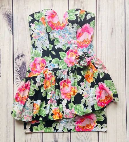 NIKI Vintage 80s Floral Strapless Retro Short Prom Dress Multiple Size M
