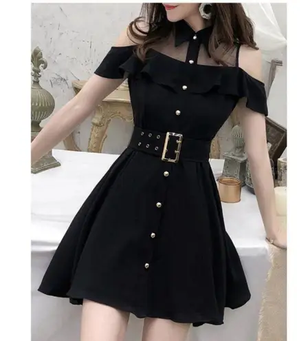 Blingor Women's Black Gold Botton Cap Sleeve Off Shoulder Sheer Slash Neck Sz M Size M