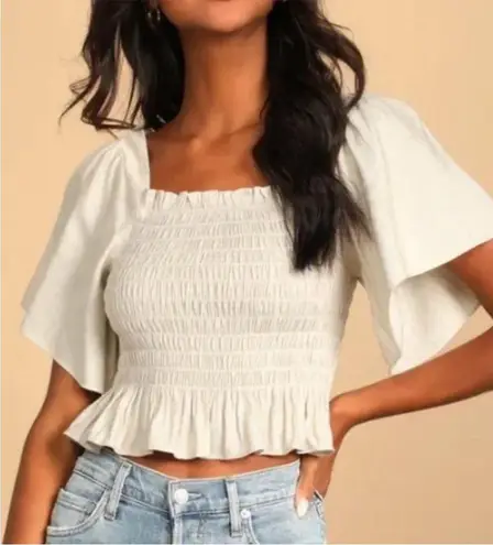Lulu's Your Sunshine Beige Smocked Flutter Sleeve Top Beige Cream Medium White