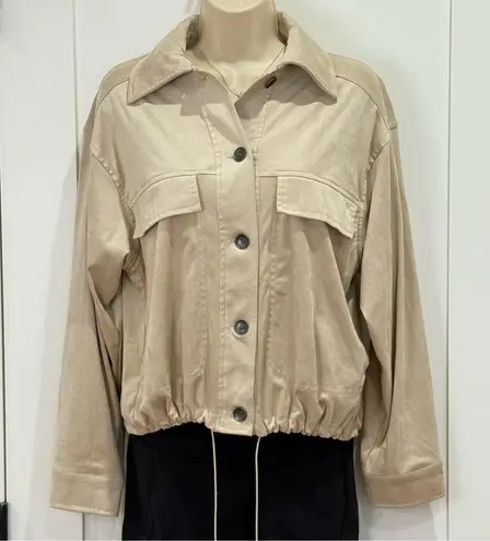 Max Studio  Vicuna Faux Suede Bomber Jacket Soft Button Up Oyster Beige Small New - Image 4