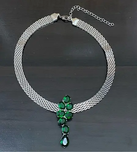 Stainless Steel Simulated Diamond Emerald Green CZ Magnetic Pendant Mesh Choker