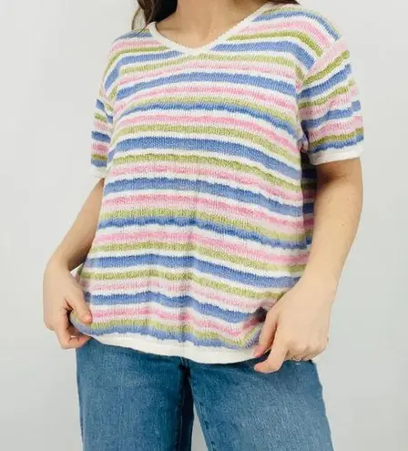 vtg cottagecore dainty scalloped pastel striped knit sweater ramie cotton top Pink Size XL