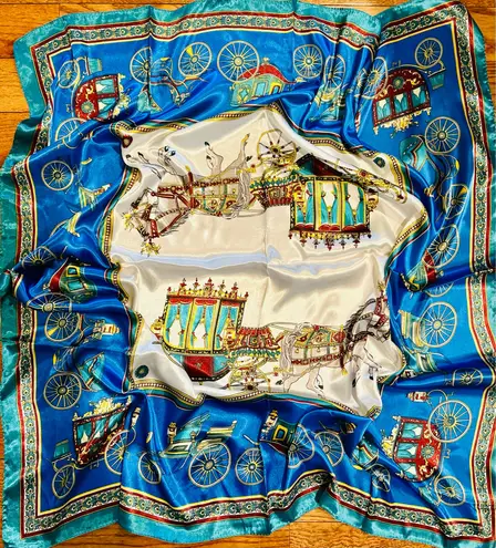 VINTAGE EQUESTRIAN horse&carriage ROYAL BLUE silky SCARF 35’/35’ inches