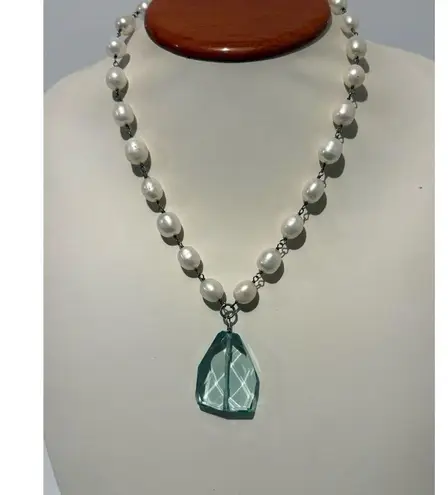 Fresh Water Pearl & Aqua Tear Drop Crystal Statement Necklace Glamorous Jewelry Silver