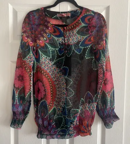 Desigual Sheer Blouse Small Tunic Floral Boho Smocked Artsy Smocked Hem Sheer