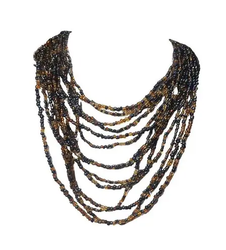 Vintage Amber Earth Tone Seed Bead Multi Strand Necklace with Wooden Belt Buckle Orange