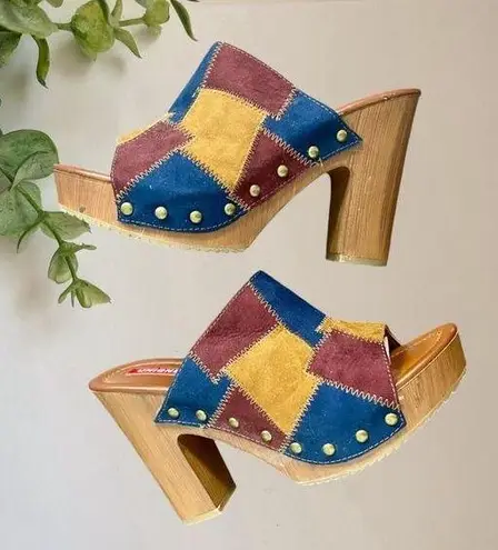 Unionbay Retro Boho Y2K Brown Burgundy Blue Yellow Patchwork Platform Mules 7.5